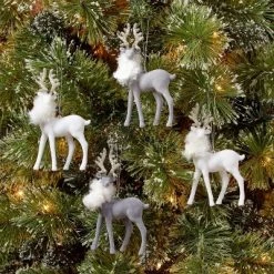 4ct 4.5" Flocked Reindeer Christmas Tree Ornament Set Gray/White - Wondershop™