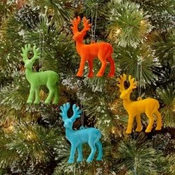 4ct Flocked Deer Christmas Tree Ornament Set Blue/Green/Yellow/Red - Wondershop™