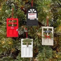 4ct Wood Door Christmas Tree Ornament Set Red/Tan/White/Black - Wondershop™