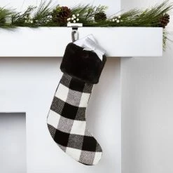 Buffalo Plaid Christmas Stocking with Faux Fur Cuff Black/Ivory - Wondershop™