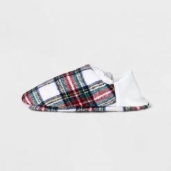 Adult Festive Plaid Faux Shearling Lined Pull-On Slipper Socks with Huggable Heel & Grippers - Wondershop™ Ivory