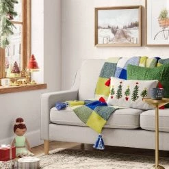 Christmas Tree Print Lumbar Throw Pillow with Tassels Ivory - Wondershop™