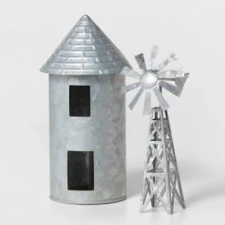 2pc Galvanized Metal Grain Silo & Windmill Set Silver - Wondershop™